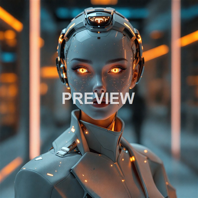 A highly detailed, futuristic humanoid robot with glowing orange eyes, sleek metallic skin, and illuminated accents on its face and body, set against a blurred technological background.